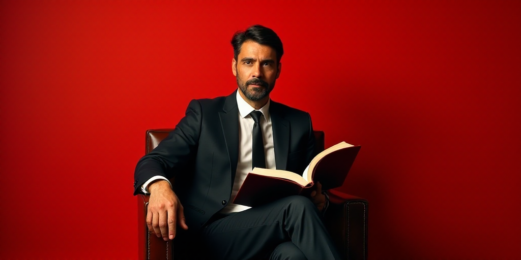 a man in a suit and tie sitting in a chair with a book in his hand and a red background, Carlos Fran