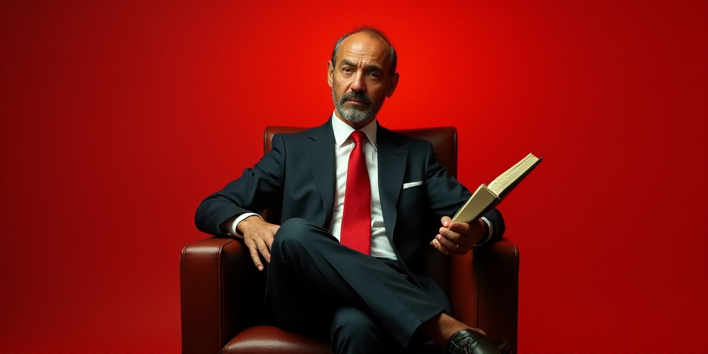 a man in a suit and tie sitting in a chair with a book in his hand and a red background, Carlos Fran