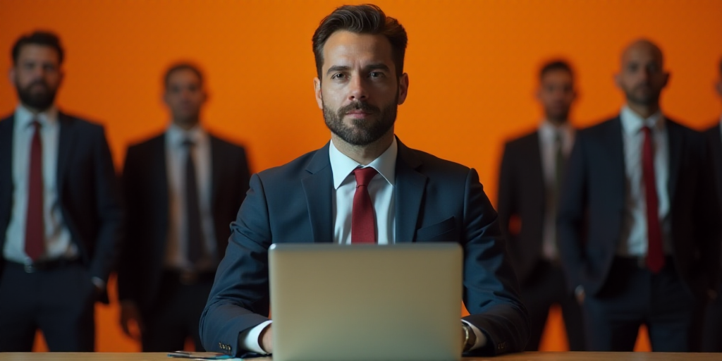 a man in a suit and tie sitting at a desk with a laptop computer in front of him and other men in su