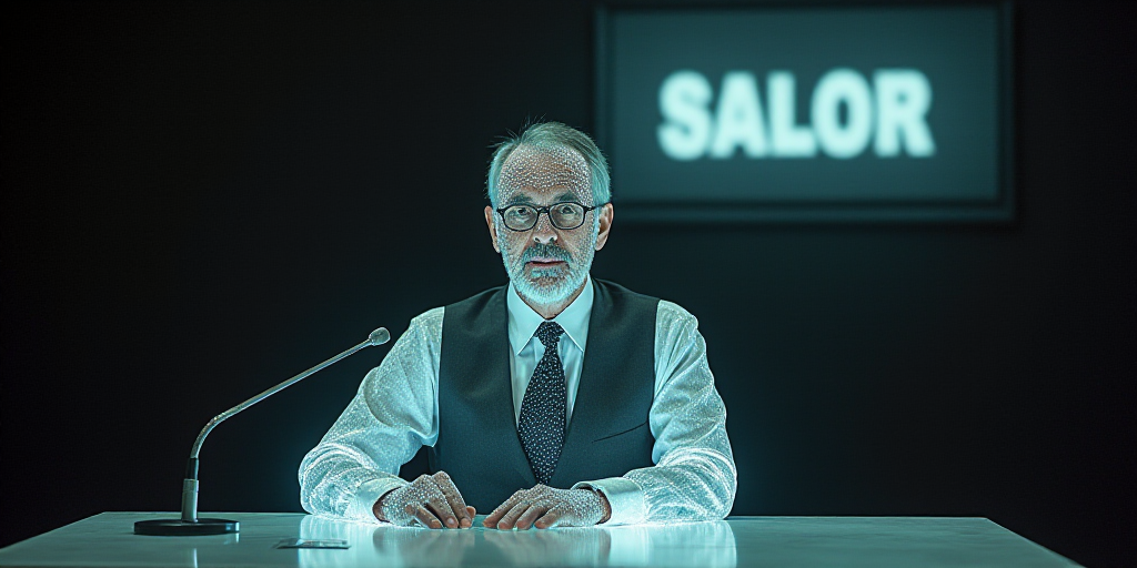 a man in a suit and tie sitting at a table with a microphone in front of him and a sign behind him,