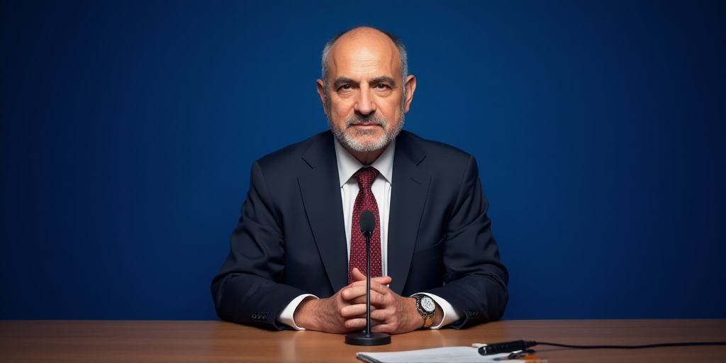 a man in a suit and tie sitting at a table with a microphone in front of him and a blue backdrop, Ar