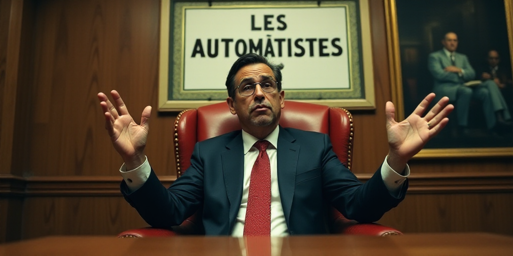 a man in a suit and tie sitting in a chair with his hands up in front of him and a sign behind him,