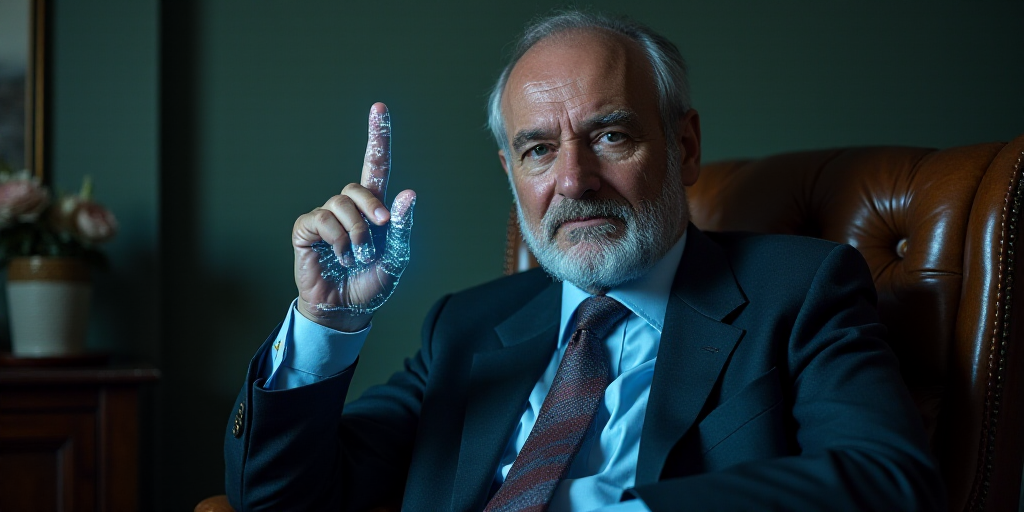 a man in a suit and tie sitting in a chair with his finger up in the air and looking at the camera,