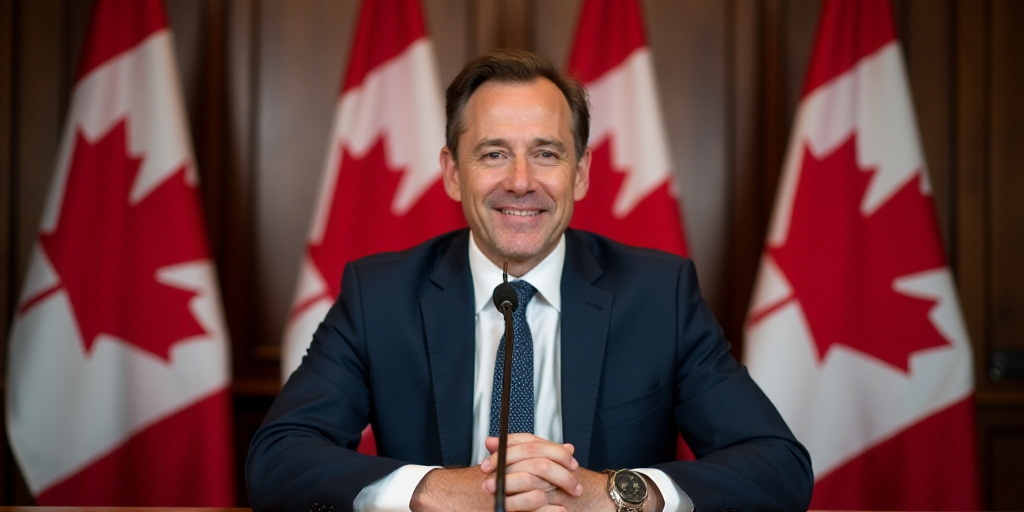 a man in a suit and tie sitting at a table with canadian flags behind him and a microphone in front
