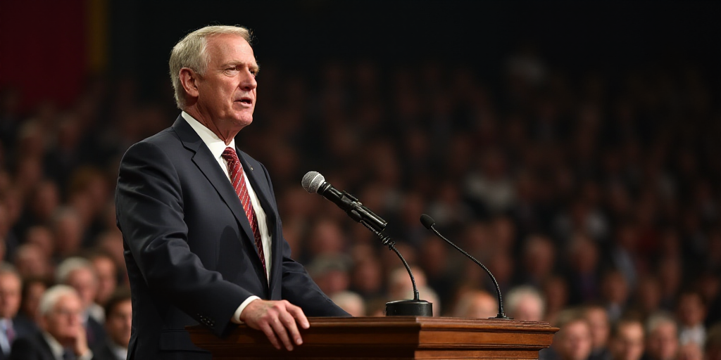 a man in a suit and tie speaking at a podium with a microphone in front of him and a crowd, Donald R