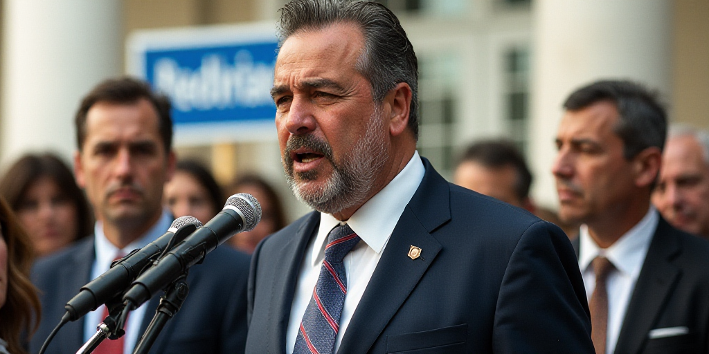 a man in a suit and tie speaking into a microphone with other people behind him and a sign behind hi