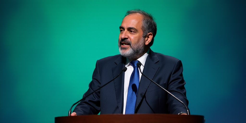 a man in a suit and tie speaking at a podium with a microphone in front of him and a blue and green