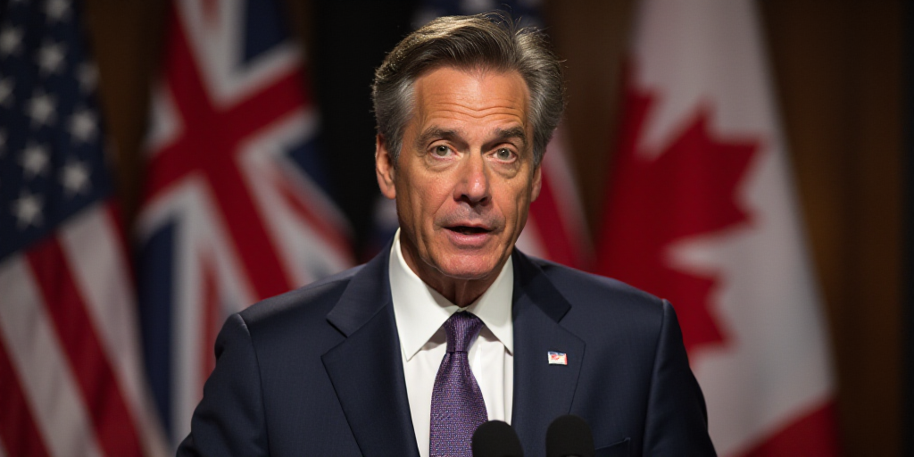 a man in a suit and tie speaking into a microphone with flags behind him and a microphone in the bac