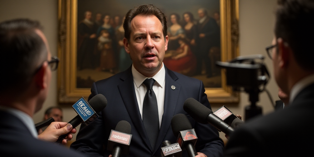 a man in a suit and tie speaking to reporters in front of a machine with a television screen behind