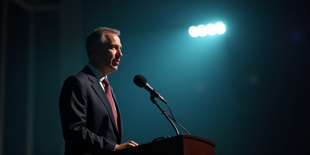 a man in a suit and tie speaking at a podium with a microphone in front of him and a light shining o