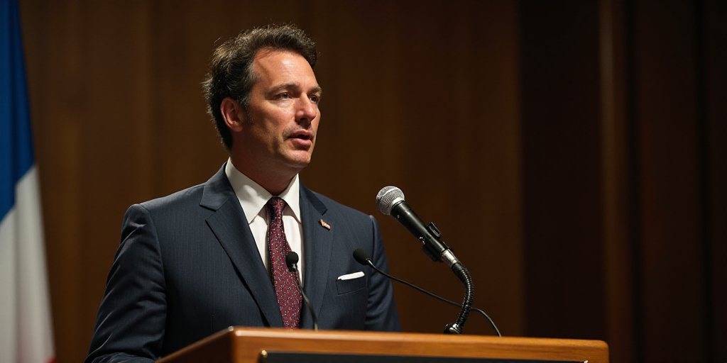 a man in a suit and tie speaking at a podium with a microphone in front of him and a sign behind him