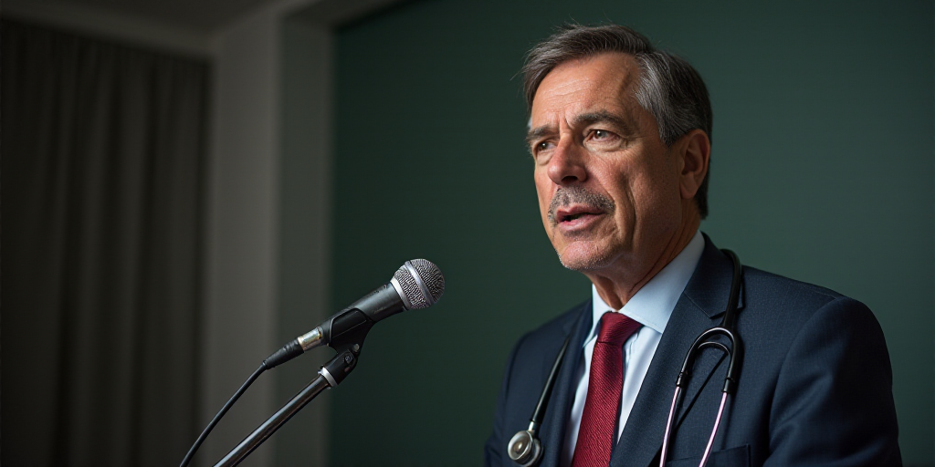 a man in a suit and tie speaking into a microphone with a stethoscope on his neck, Agustín Fernánd