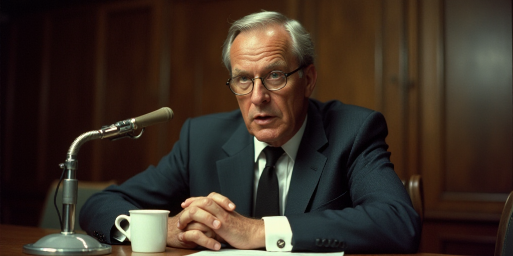 a man in a suit and tie speaking into a microphone at a table with a cup of coffee in front of him,
