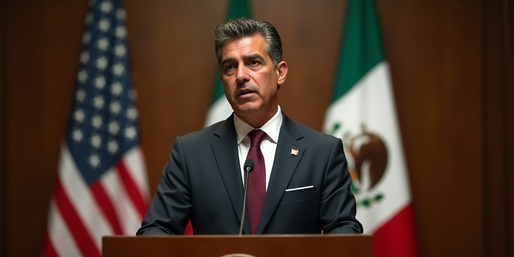 a man in a suit and tie speaking at a podium with a mexican flag behind him and a mexican flag behin