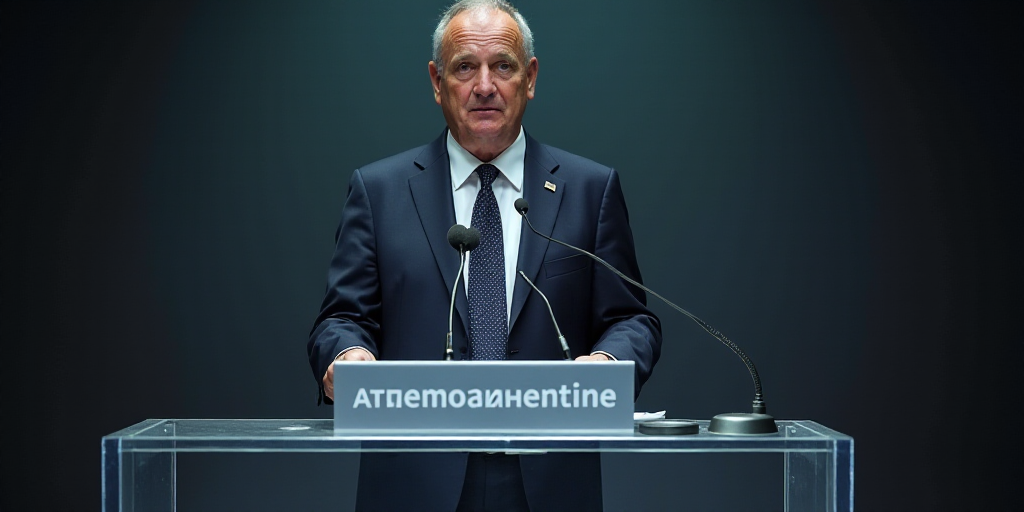 a man in a suit and tie speaking at a podium with a microphone in front of him and a sign behind him