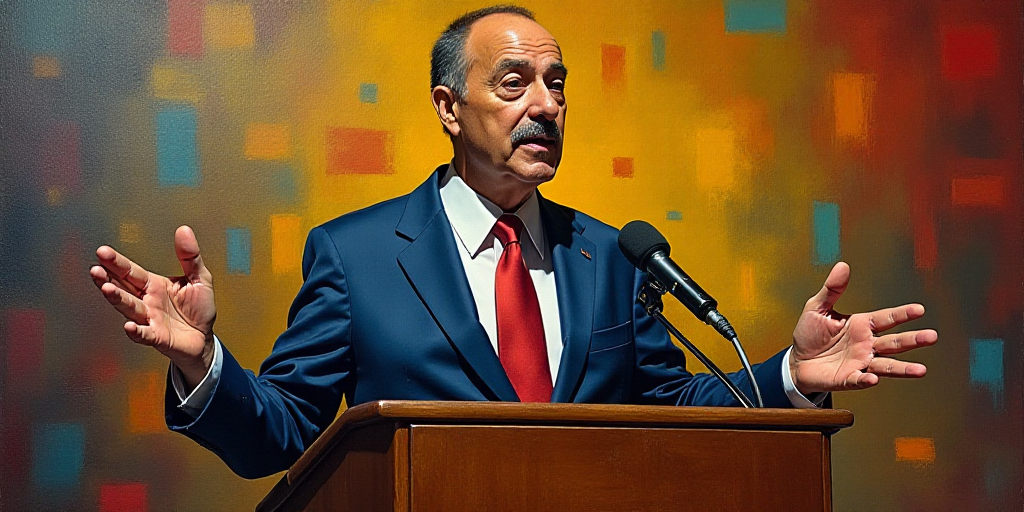 a man in a suit and tie speaking at a podium with a microphone in front of him and a amb logo on the