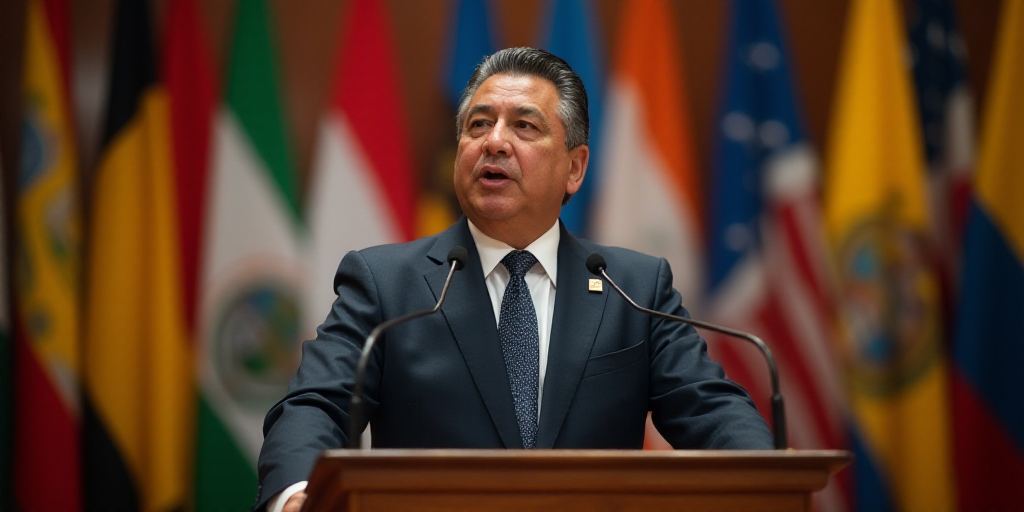 a man in a suit and tie speaking at a podium with flags behind him and a microphone in the foregroun