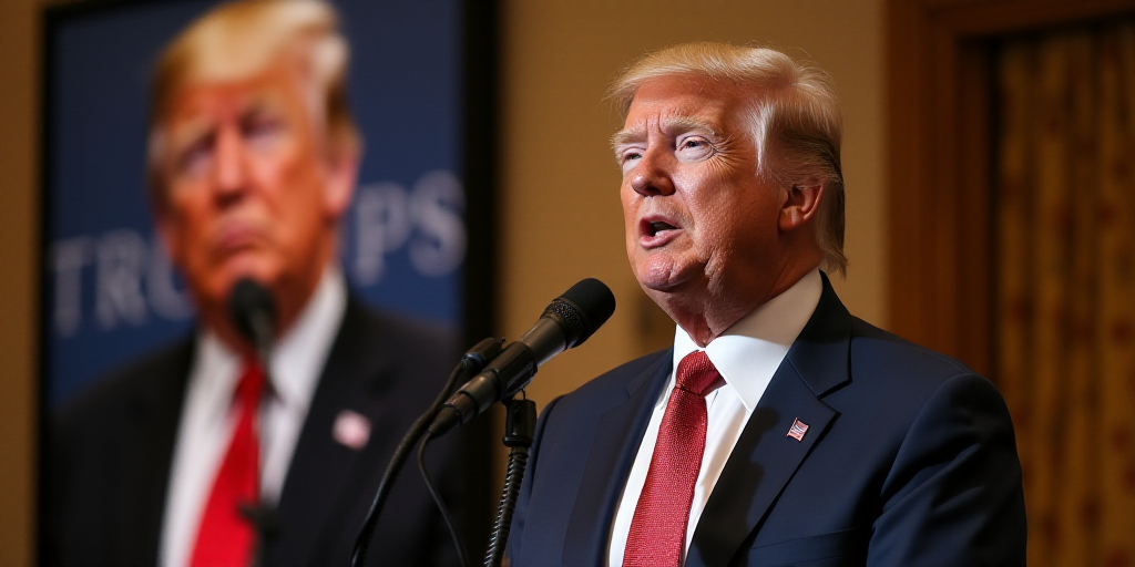a man in a suit and tie speaking into a microphone with a picture of president donald trump behind h
