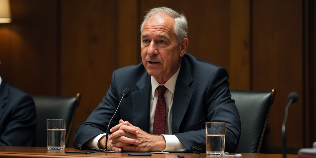 a man in a suit and tie speaking into a microphone at a table with two glasses of water on it, Aaron