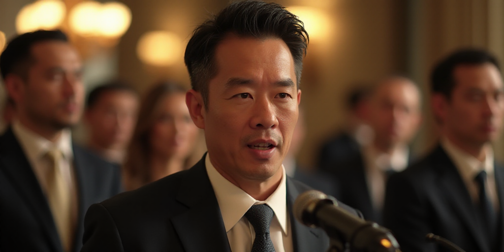 a man in a suit and tie speaking into a microphone with other people in the background at a wedding,