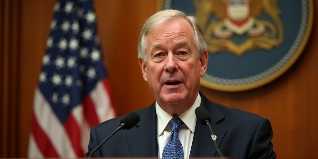 a man in a suit and tie speaking into a microphone with a seal on the wall behind him and a flag beh