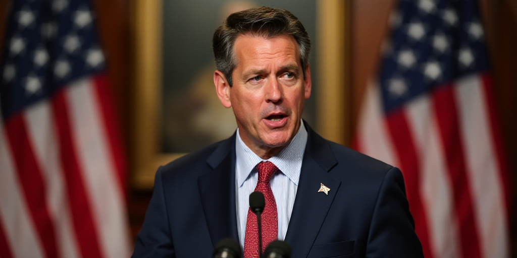 a man in a suit and tie speaking into a microphone with two american flags behind him and a micropho