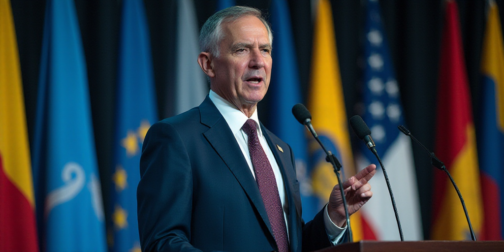 a man in a suit and tie speaking into a microphone with flags behind him and a blue and yellow banne