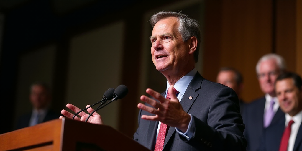 a man in a suit and tie speaking at a podium with his hands out in front of him and people in the ba
