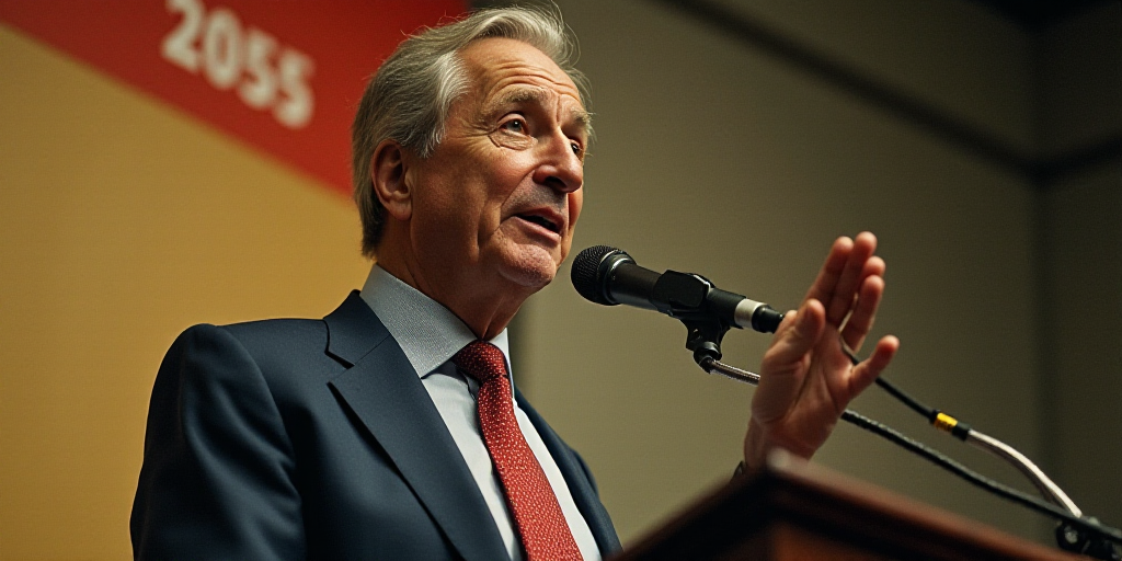a man in a suit and tie speaking into a microphone with a banner behind him that reads 2055, Emilio
