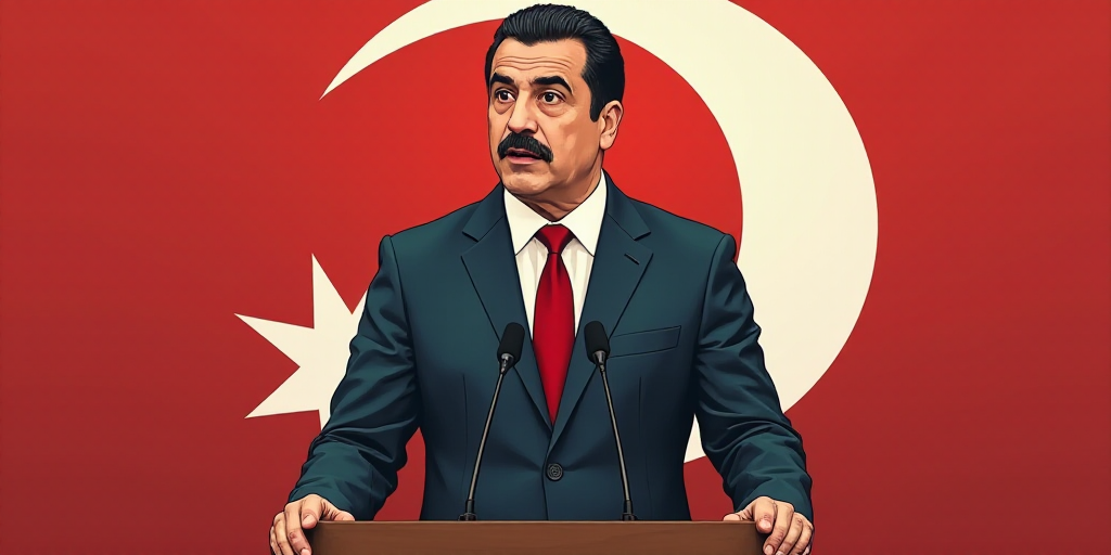 a man in a suit and tie speaking at a podium with a microphone in front of him and a red and white b