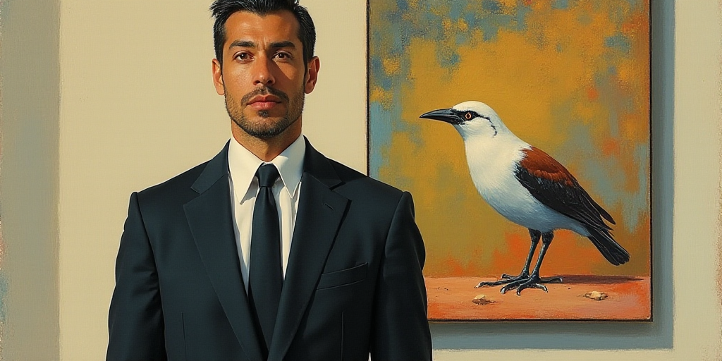 a man in a suit and tie standing in front of a painting of a bird on a wall behind him, Carlos Franc