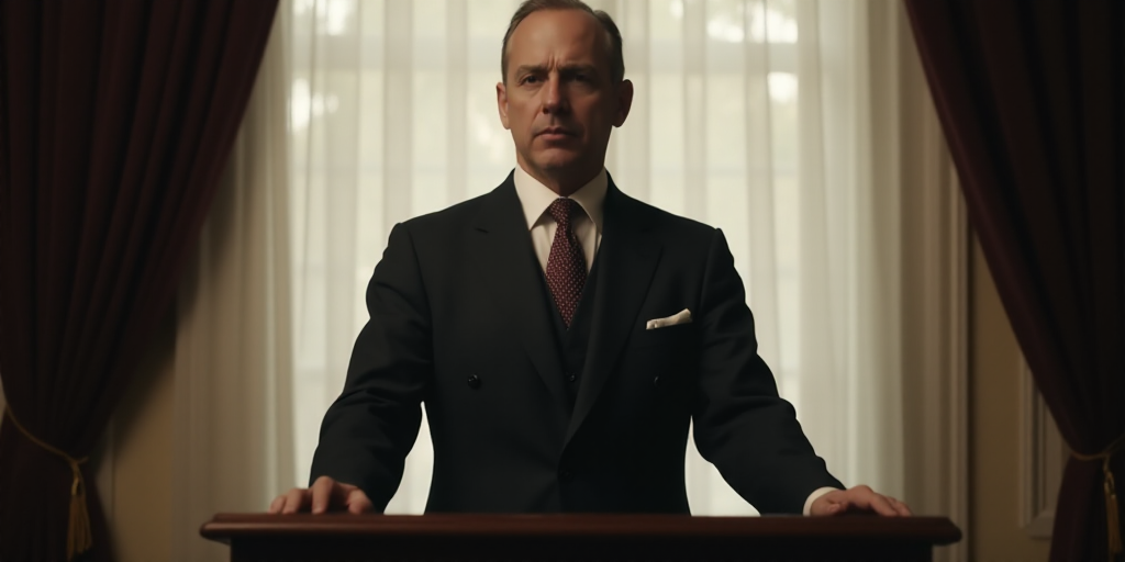 a man in a suit and tie standing at a podium in front of a window with curtains and a curtain, Cassi
