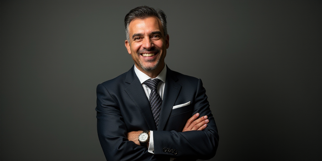 a man in a suit and tie standing with his arms crossed and smiling at the camera with his arms cross