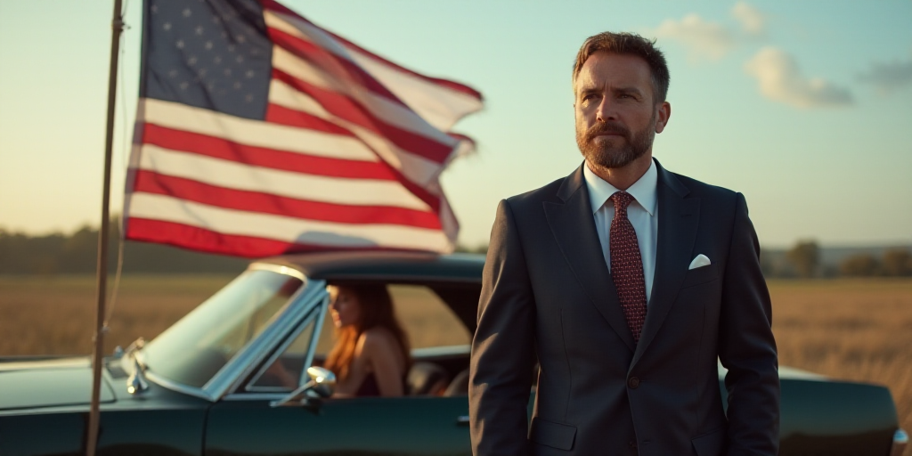 a man in a suit and tie standing next to a flag and a car with a woman in the background, Donald Rol