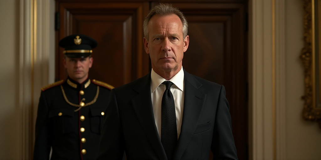 a man in a suit and tie standing in front of a door with a man in uniform behind him, Donald Roller