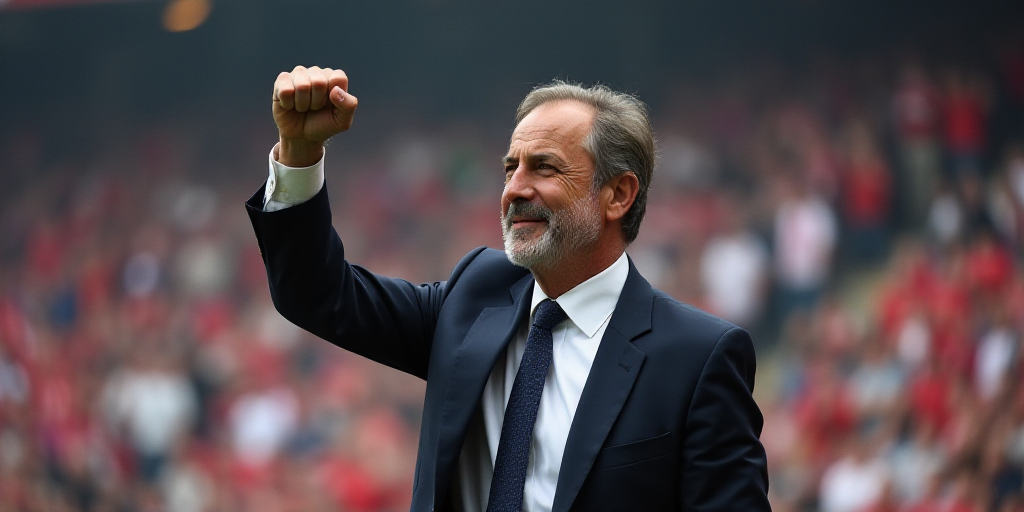 a man in a suit and tie standing in front of a crowd of people at a stadium with his fist raised, Be
