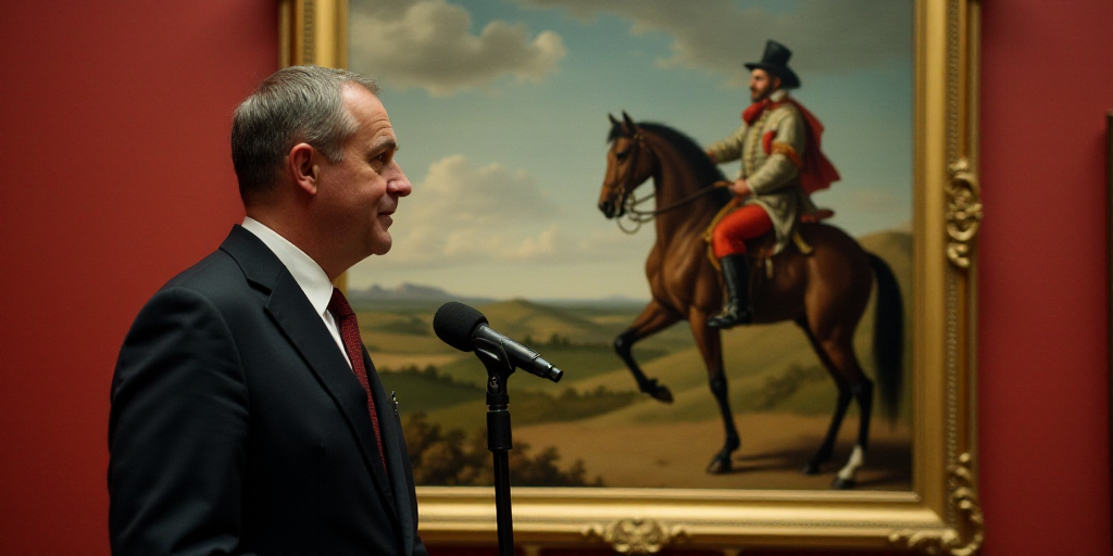 a man in a suit and tie standing in front of a painting of a man on a horse and a microphone, David