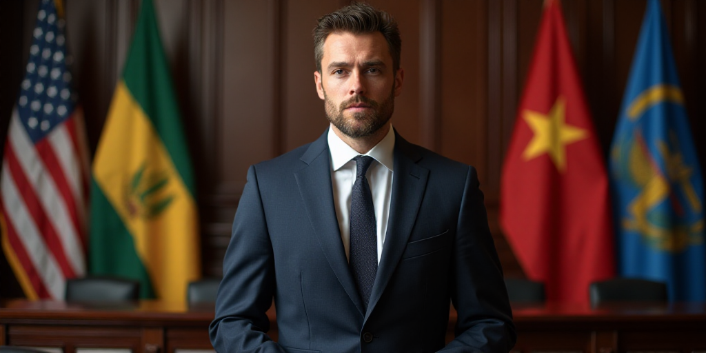 a man in a suit and tie standing in front of a desk with a flag and other flags behind him, Dan Scot