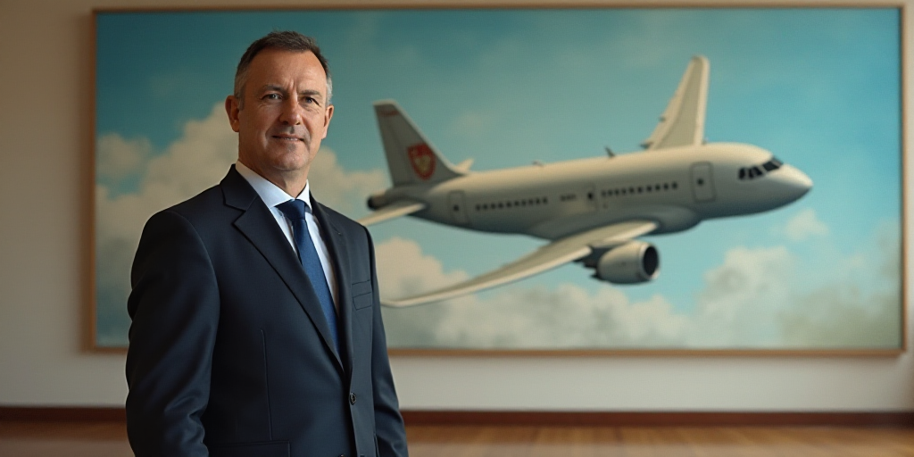 a man in a suit and tie standing in front of a painting of a plane on a wall behind him, Beta Vukano
