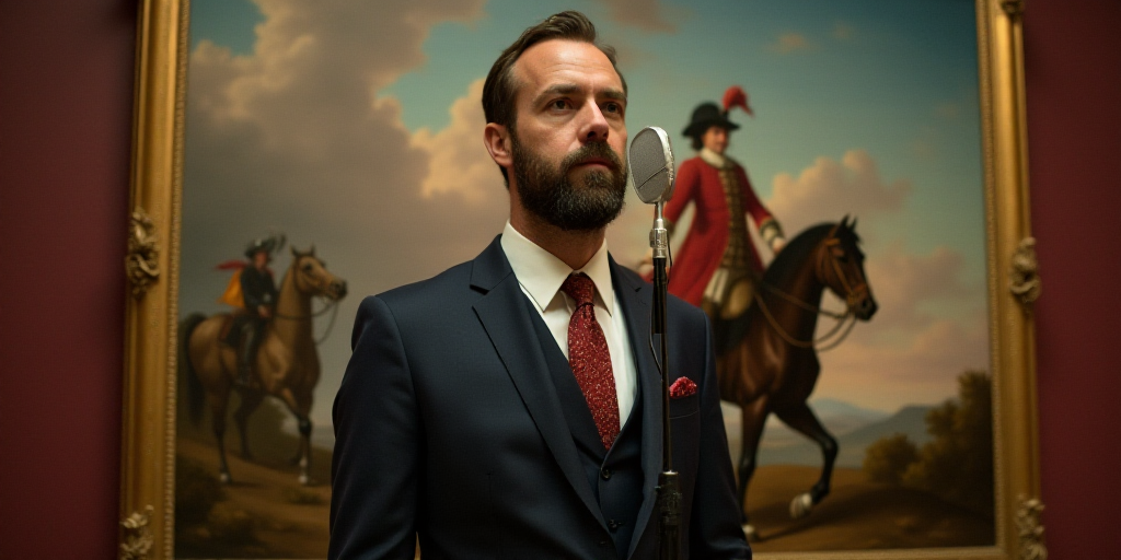 a man in a suit and tie standing in front of a painting of a man on a horse and a microphone, David