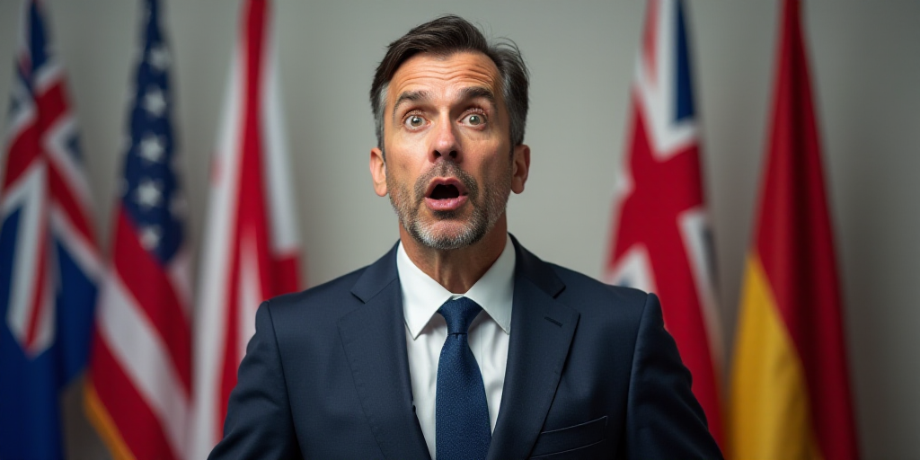a man in a suit and tie standing in front of flags with a surprised look on his face and a serious l