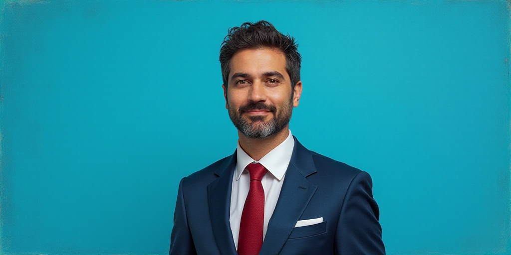 a man in a suit and tie standing in front of a blue background with a caption that reads, louis migu