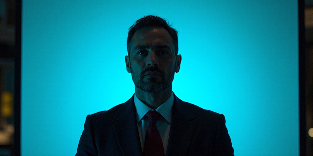 a man in a suit and tie standing in front of a blue background with a black and yellow border, Eduar