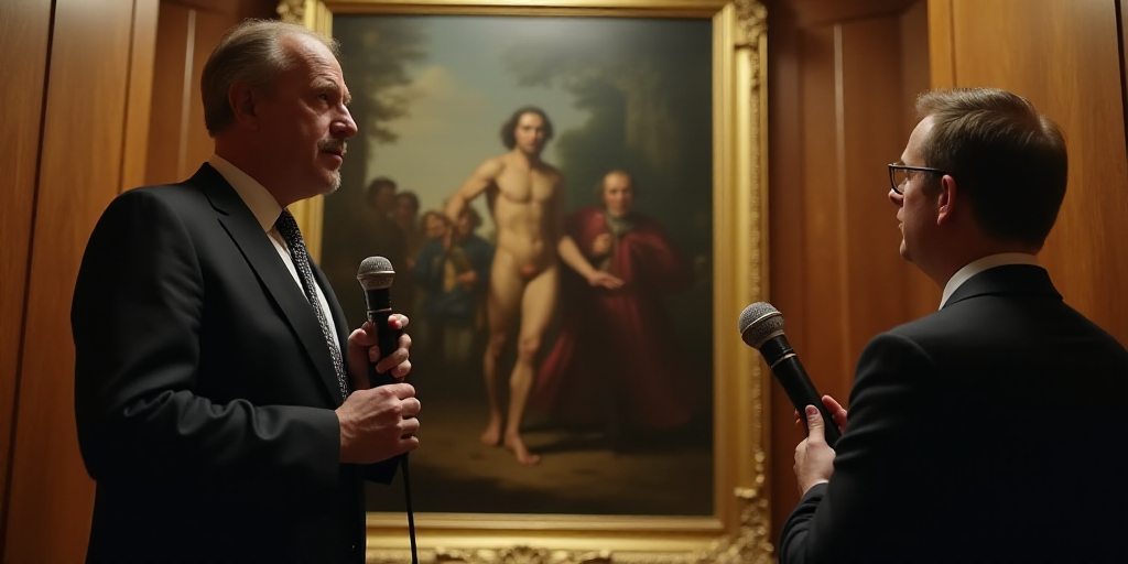 a man in a suit and tie standing in front of a microphone and talking to someone in a hallway, Donal