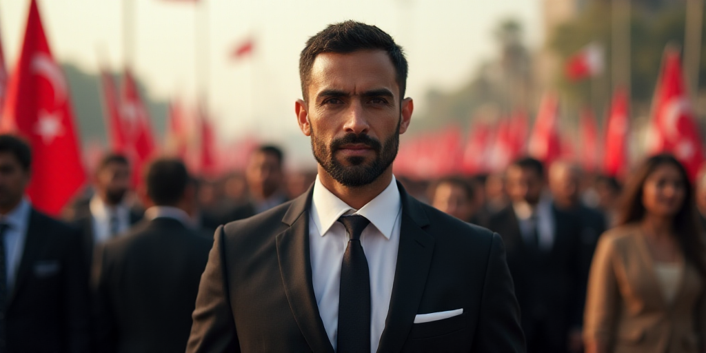 a man in a suit and tie standing in front of a crowd of people with flags in the background, Altoon