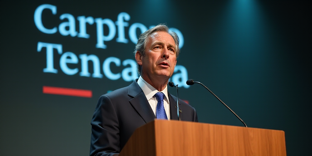 a man in a suit and tie standing at a podium with a microphone in front of him and a sign behind him