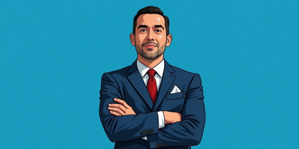 a man in a suit and tie standing with his arms crossed in front of him, with a blue background, Carl