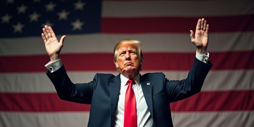 a man in a suit and tie standing in front of two american flags and holding his hands up in the air,