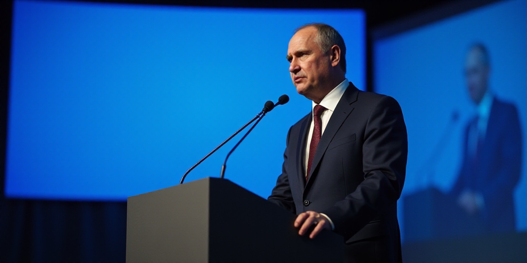 a man in a suit and tie standing at a podium with a microphone in front of him and a blue screen beh