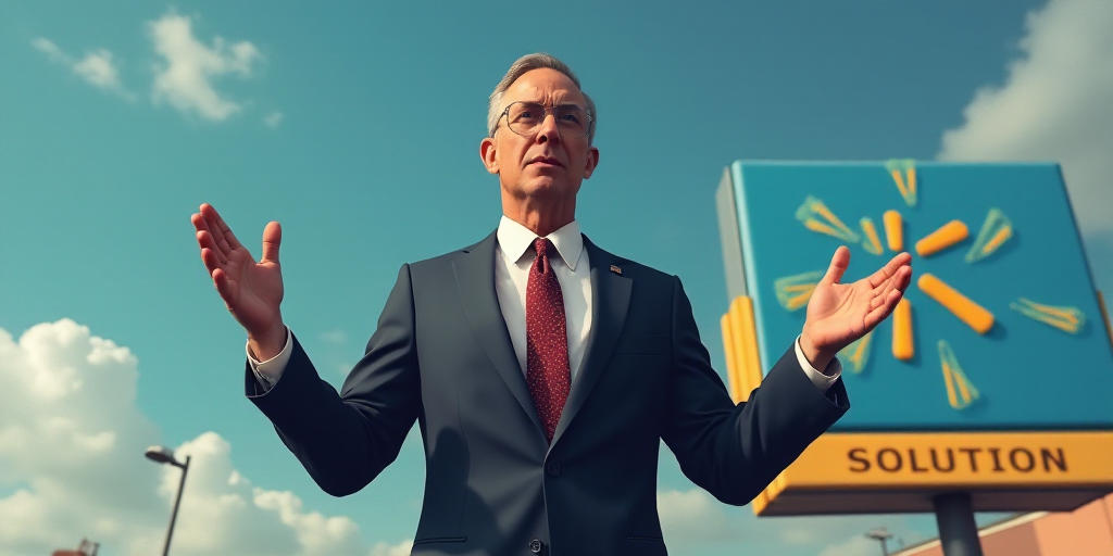 a man in a suit and tie standing in front of a walmart sign with his hands out in front of him, Dona